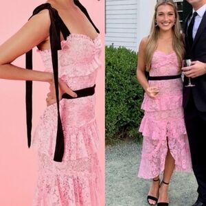 For Love And Lemons Pink Lace Midi Dress with Black Details